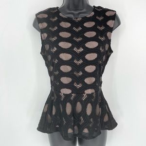 BCBGMaxazria Kimie Lace Peplum Top Nude Lined Black Embroidered Hi-Lo Hem Blouse